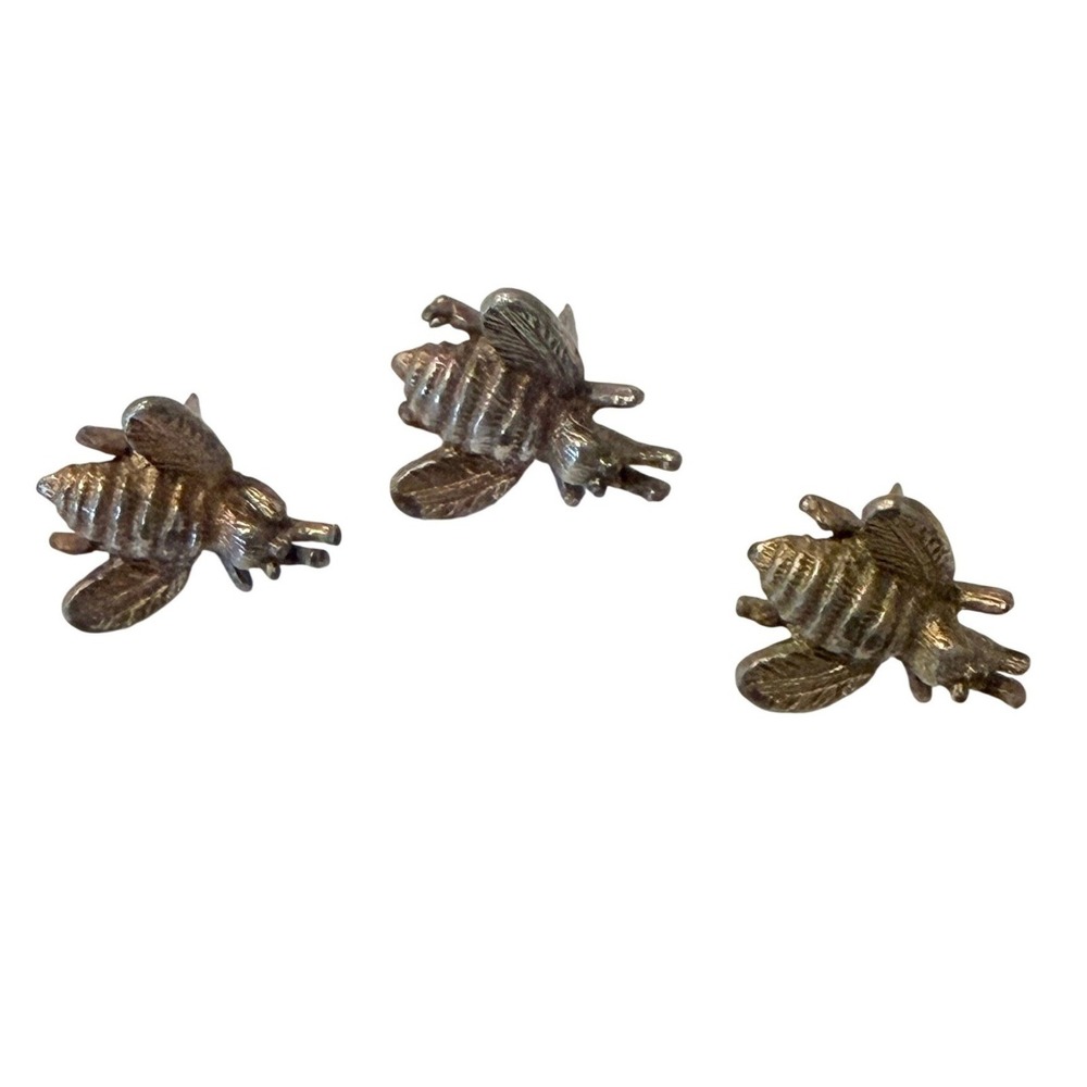 Set of 3 Vintage Silver Tone Honey Bee Miniature Figurines Nature Decore